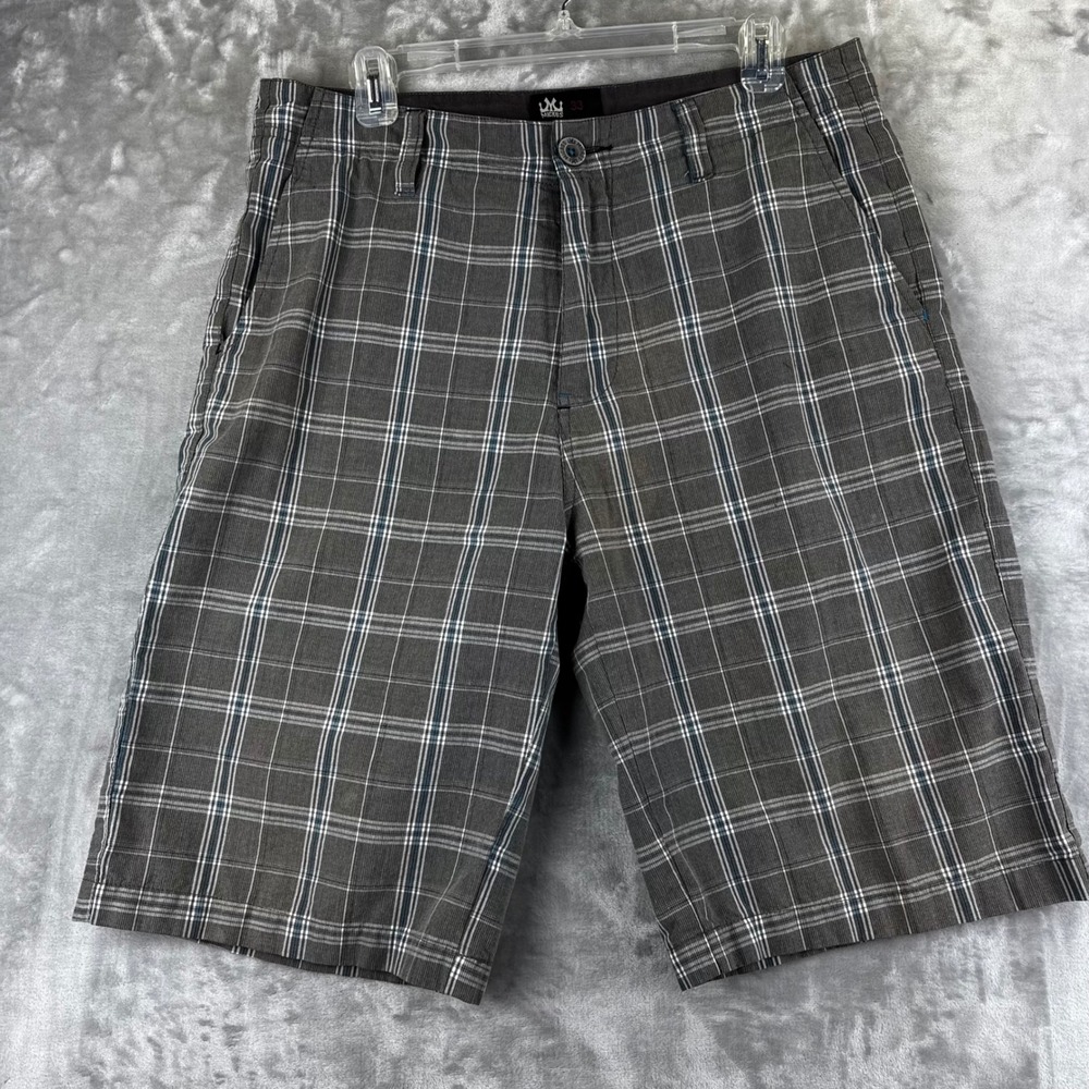 Micros Plaid Shorts Mens 33 Gray Blue White Flat Front Embroidered Y2K (1655)